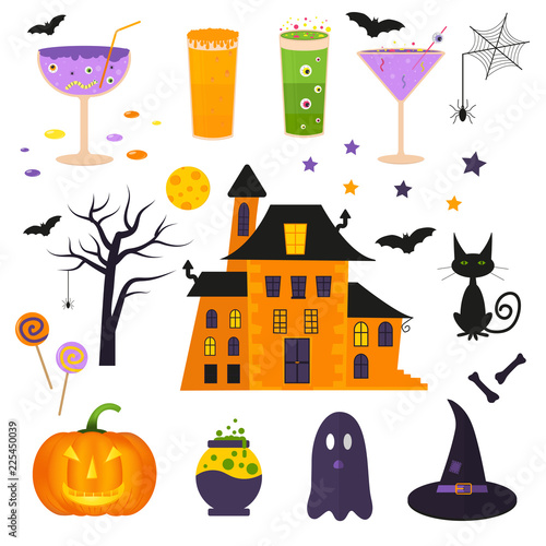 Set of cute vector Halloween icons of pumpkin, castle, cat, ghost, candy, bat, hat, cocktails.