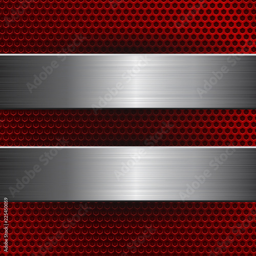 Red metal perforated background with brushed steel plates