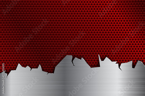 Red metal perforated background with stainless steel element with torn edges