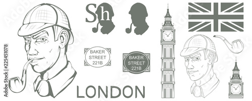 Sherlock Holmes vector, London, ilustration with Sherlock Holmes, Baker street 221B, Sherlock Holmes hat, famous London private detective, detective with smoking pipe, London style, cartoon detective