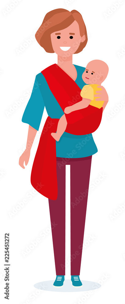 Happy mother with kid in slings..Mother with slipping baby. Mother with baby on her back in a sling scarf. Isolated on white background. Vector cartoon flat illustration. Happy mother with kid in slings..Mother with slipping baby. Mother with baby on her back in a sling scarf. Isolated on white background. Vector cartoon flat illustration.