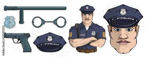 policeman standing in a different pose, weapon, police officer in uniform, officer logo, officer hat, gun, professional police character, handgun, vector graphics to design