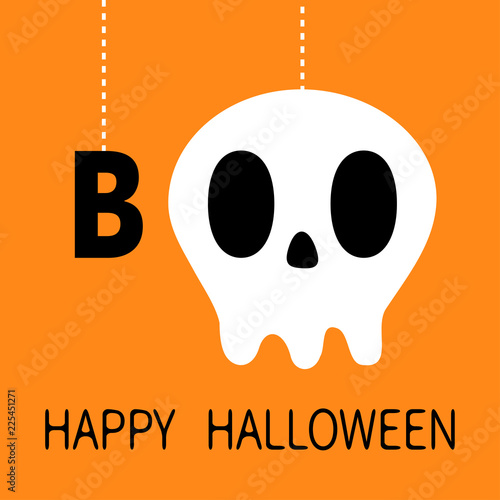 Happy Halloween. Hanging word BOO text Skull sceleton face bone. Eye nose halls. Dash line thread. Greeting card. Flat design. Orange background.