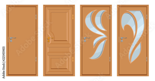 colored wooden doors isolated on white background, realistic wooden door, colour illustration of different door design, office interior or exterior element, room design, vector graphics to design