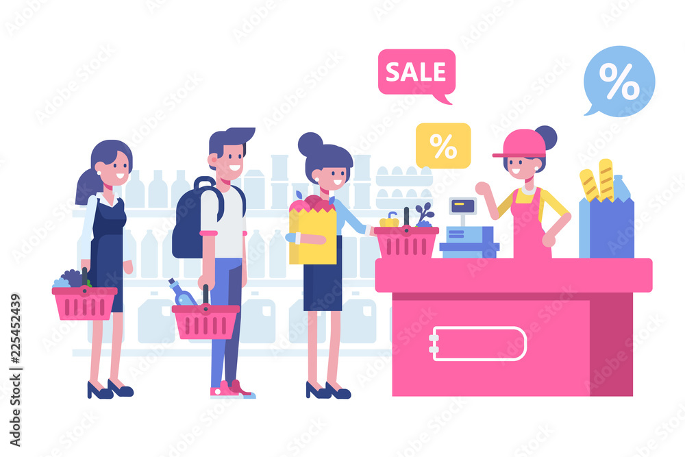 People Shopping in supermarket. Flat Vector character woman cashier in supermarket. Online shopping concept. Healthy food, cash register and buyers.