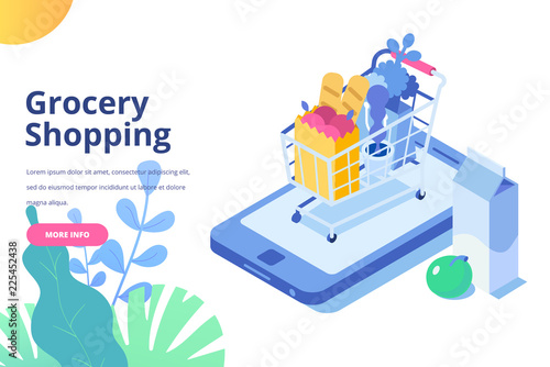 Online Grocery shopping concept. Isometric Shopping cart with  fresh food and drink.Order food, grocery online from app by smart phone. Flat isometric vector illustration.