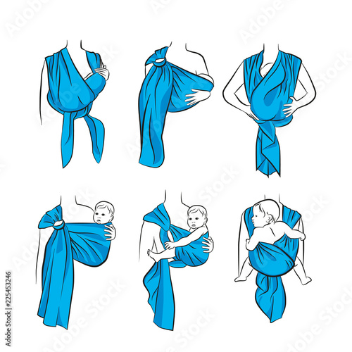 Infographics, how to wear a scarf sling. The correct position of the baby in a sling. The stylized image of mother and baby in her arms. Vector drawing sling scarf.