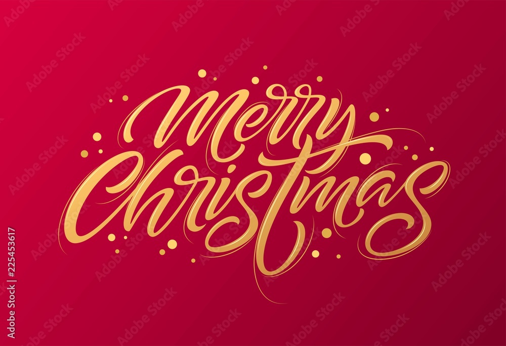 Golden text on dark red background. Merry Christmas and Happy New Year lettering for invitation and greeting card, prints and posters. Hand drawn inscription, calligraphic design. Vector illustration