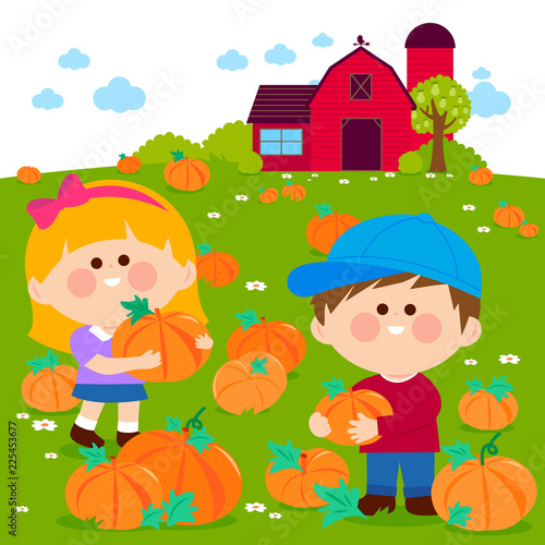 Children at the farm picking pumpkins at the pumpkin patch. Vector illustration