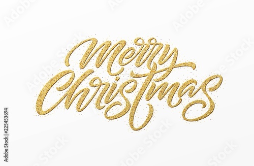 Merry christmas card with golden glitter lettering. Hand drawn text, calligraphy for your design. Vector illustration.