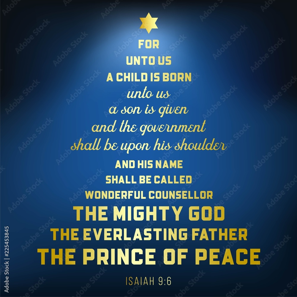 Obraz premium Bible verse from Isaiah 9:6 about jesus christ , a child is born, on bokeh background in Christmas theme