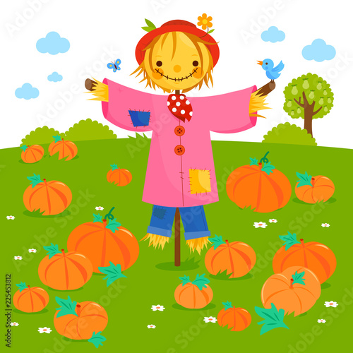 Cute scarecrow in a pumpkin patch. Vector illustration