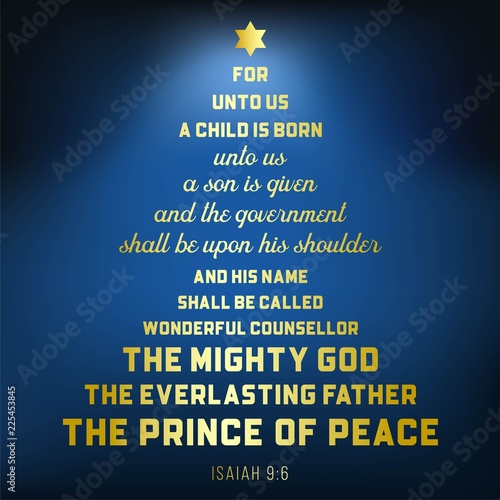 Bible verse from Isaiah 9:6 about jesus christ , a child is born, on bokeh background in Christmas theme