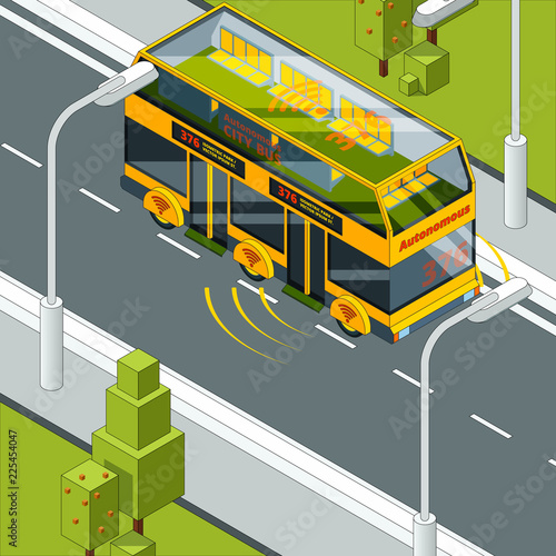 Self driving car. Autonomous vehicle at road concept picture of self control automotive system in automobile vector isometric. Bus autonomous vehicle, transport technology automated illustration