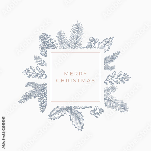 Merry christmas Abstract Botanical Card with Square Frame Banner and Modern Typography. Grey and Pink Pastel Colors Greeting Layout.
