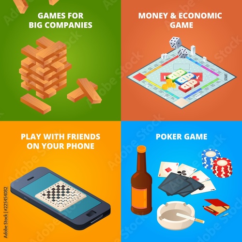 Concept of board games. Checkers, chess and other games. Vector economic game, checker and chess illustration