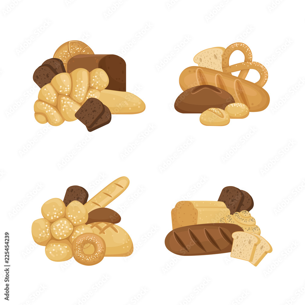 Vector cartoon bakery elements piles set isolated on white background illustration. Bread bakery food, bake snack breakfast