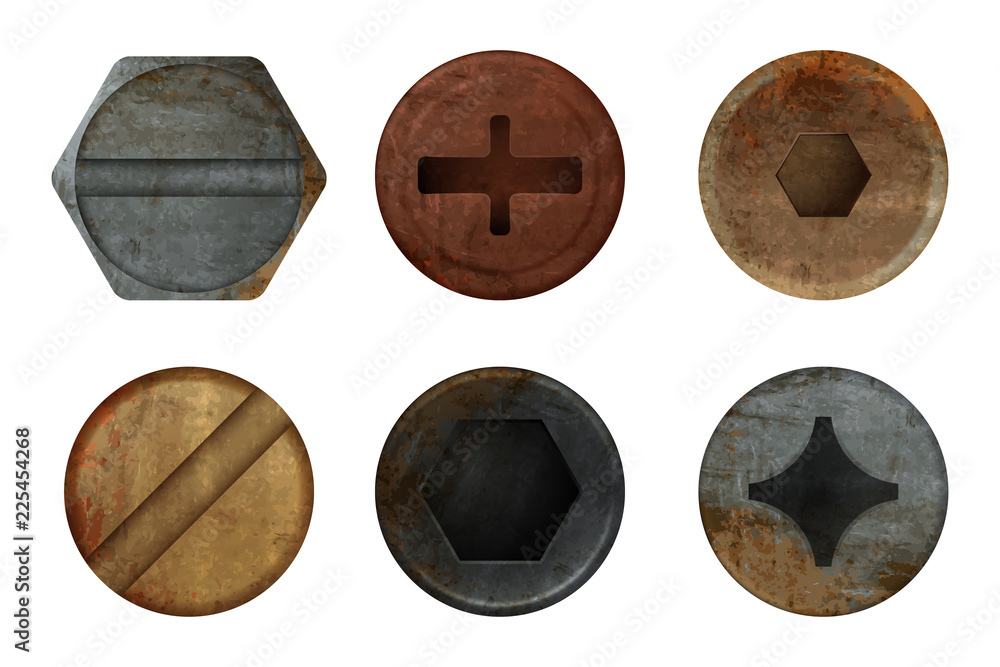 Old rusty bolts screw. Hardware rust metal texture for different iron tools. Vector realistic pictures screw bolt top, iron rusty head fix illustration - obrazy, fototapety, plakaty 