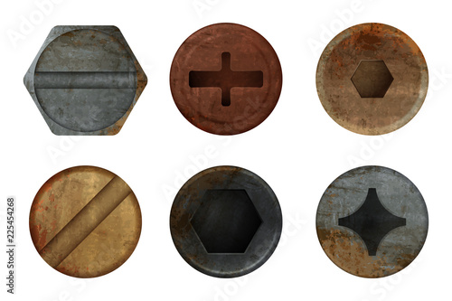 Old rusty bolts screw. Hardware rust metal texture for different iron tools. Vector realistic pictures screw bolt top, iron rusty head fix illustration