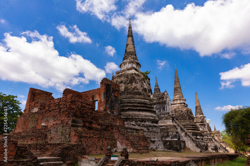 old pagoda and blue sky background of Ayutthaya Thailand  