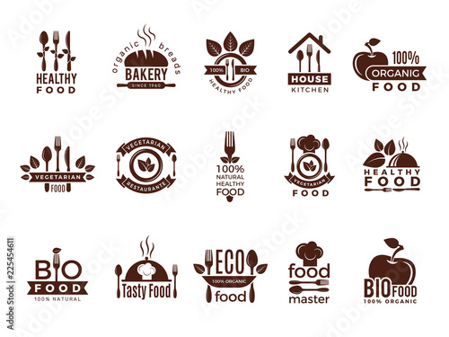 Restaurant logo. Food manufacture vintage labels for kitchen eco fresh healthy cooking house vector badges template. Food restaurant badge, natural and health market illustration