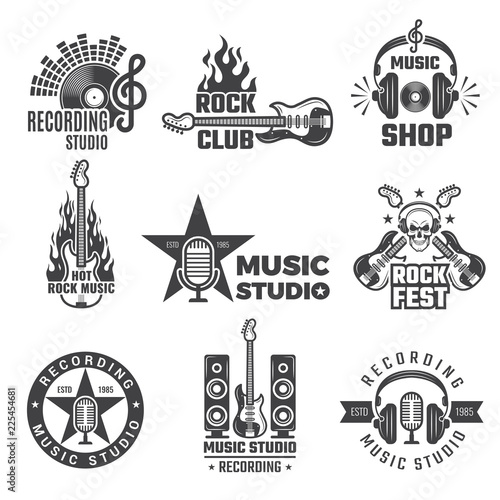 Black music labels. Vintage vinyl cover record microphone and headphones vector symbols for music logotypes or badges records company. Illustration of record musical rock badge