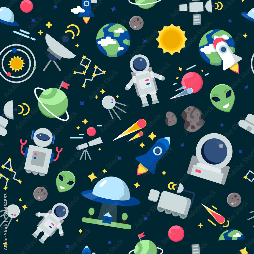 Space pattern. Shuttle rocket astronaut stars interstellar mars planets travel vector seamless cartoon pictures. Rocket and shuttle for travel, cartoon pattern universe illustration Space pattern. Shuttle rocket astronaut stars interstellar mars planets travel vector seamless cartoon pictures. Rocket and shuttle for travel, cartoon pattern universe illustration