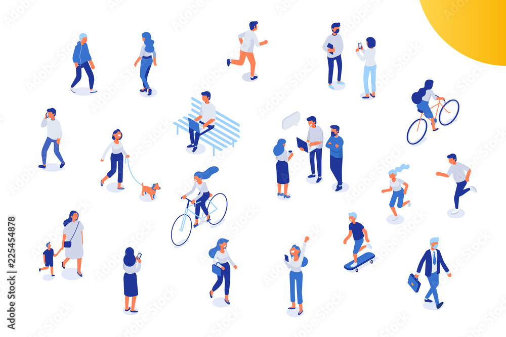 Different isomeric people vector set isolated on white. Male and female have outdoor activity in park. Walking with dog, riding bicycle and skateboard, sitting on bench in park.