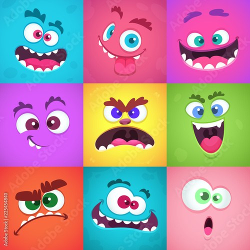 Monsters emotions. Scary faces masks with mouth and eyes of aliens monsters vector emoticon set. Halloween cute alien, head funny character flat illustration