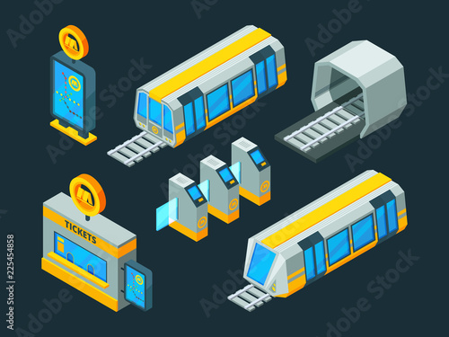 Metro elements. Train escalator and subway gate vector isometric low poly 3d pictures. Illustration of subway transport passenger, urban metro station