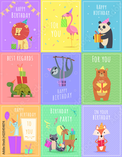 Fototapeta Naklejka Na Ścianę i Meble -  Birthday cards with animals. Wildlife zebra turtle lion and monkey characters at gift celebration colored vector cards. Illustration of birthday card with monkey and lion