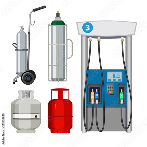 Gas station. Pumping petrol types metal tank cylinders vector illustrations of petrol pumps. Gas pump, petrol station, industry petroleum and gas fuel balloon