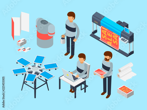 Printing house tools. Industrial inkjet offset publishing laser machine printer coloring copier vector 3d isometric. Illustration of printing and publishing, coloring copier, photocopier printer