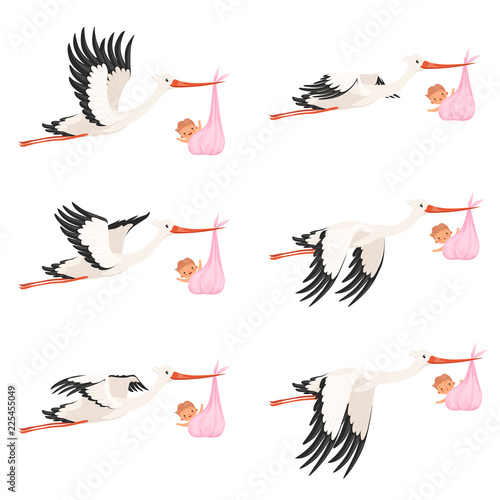 Flying stork frame animation. Bird delivery newborn baby carry vector cartoon characters isolated. Illustration of bird stork with newborn, child delivery