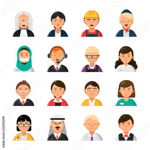 Occupations avatars. Waiter stewardess judge advocate manager builder male and female profession vector icons. Illustration of people worker professional, woman and man