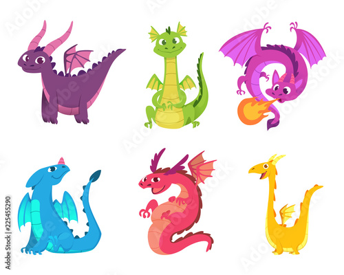 Cute dragons. Fairytale amphibians and reptiles with wings and teeth medieval fantasy wild creatures vector characters. Illustration of fantasy animal character, reptile mythology © ONYXprj