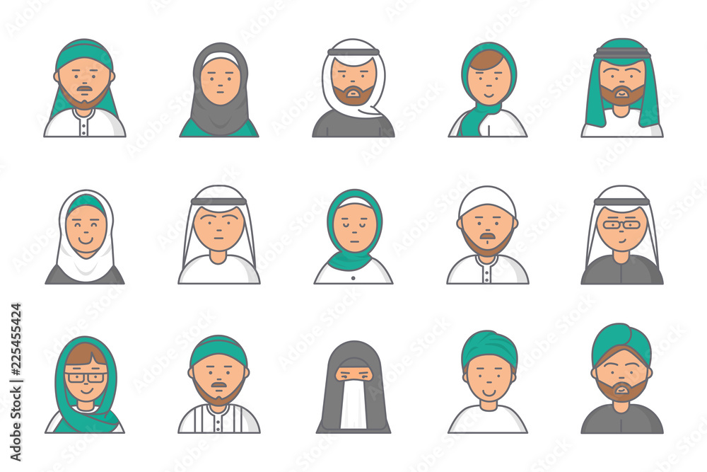 Islam linear avatars. Arabian muslim saudi male and female vector faces for web profile. Islam profile saudi man and woman, linear face nationality iranian illustration Islam linear avatars. Arabian muslim saudi male and female vector faces for web profile. Islam profile saudi man and woman, linear face nationality iranian illustration
