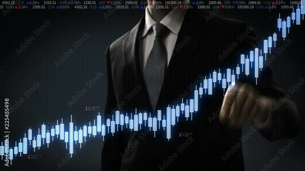 Businessman touched screen, various animated Stock Market charts and ...