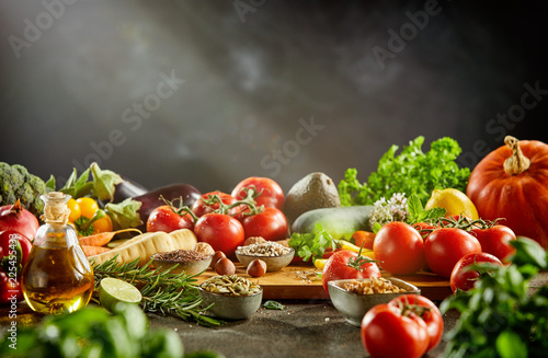 Vegetables on top of wooden cutting board