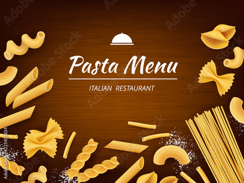 Pasta on table. Italian traditional food macaroni spaghetti fusilli with white flour for cooking vector realistic background. Macaroni and spaghetti food, italian pasta cooking illustration
