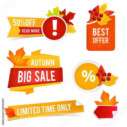 Autumn offer sales. Vector badges and stickers for advertizing. Autumn badge with leaf, offer discount illustration