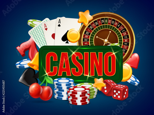 Casino poster. Advertising of poker dice bowling gambling domino and others casino games vector placard template. Dice game, poker play, luck gamble roulette illustration