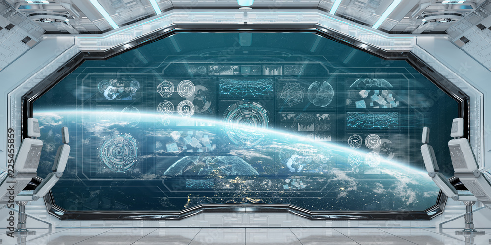 White spaceship interior with control panel digital screens 3D ...