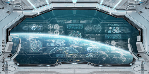 Fototapeta Naklejka Na Ścianę i Meble -  White spaceship interior with control panel digital screens 3D rendering