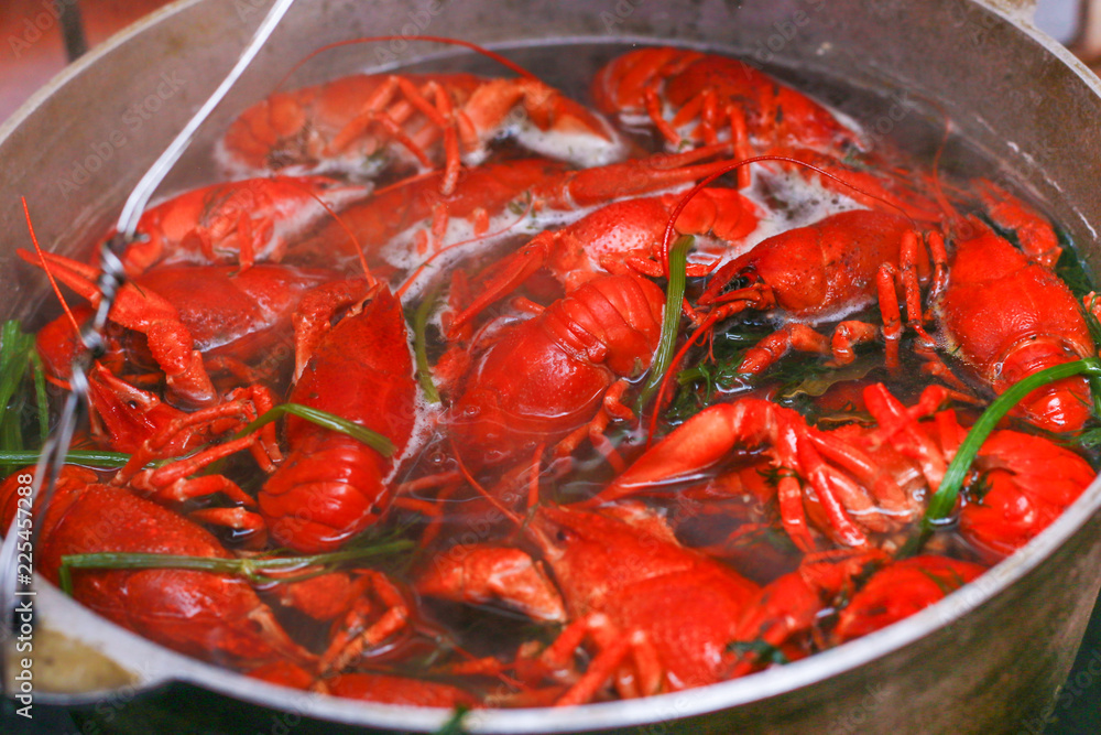 Crayfish are boiled in a cauldron. Red crayfish in the pan Crayfish are boiled in a cauldron. Red crayfish in the pan