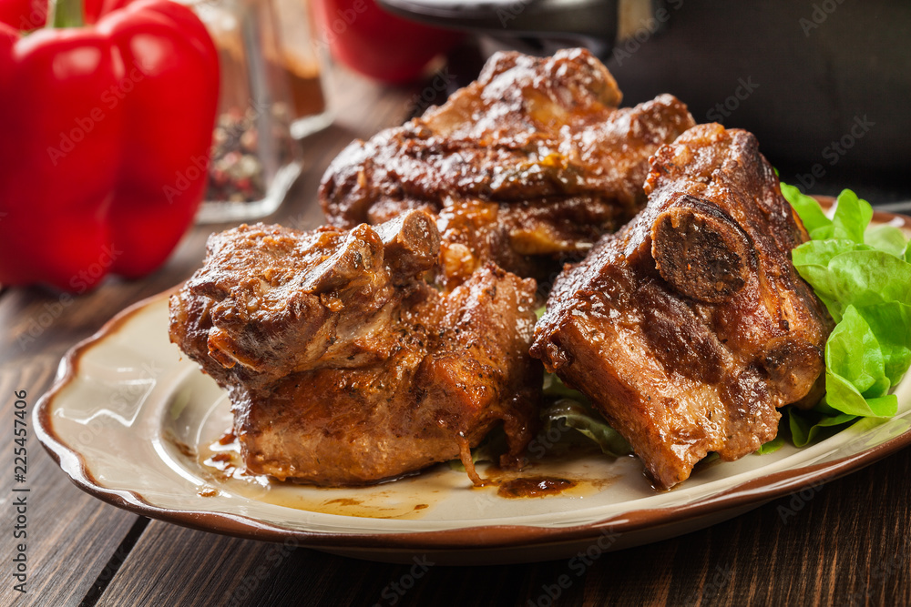 Pork spare ribs served on a plate Pork spare ribs served on a plate