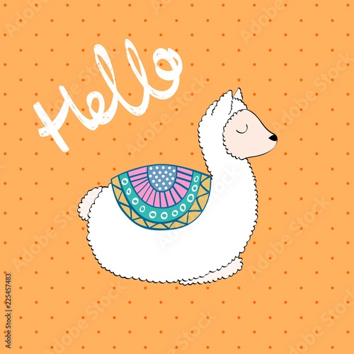 Hand drawn card with cartoon cute llama.