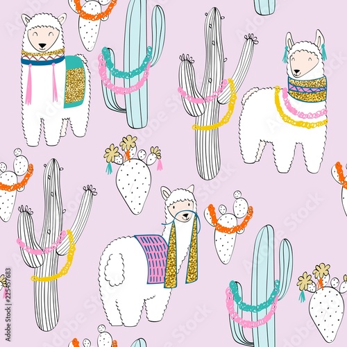 hand drawn vector seamless pattern with llamas