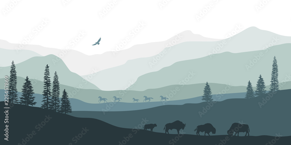 Fototapeta premium Black silhouette of mountain landscape. American bison. Natural panorama of forest animals. Isolated western scenery. Wildlife scene