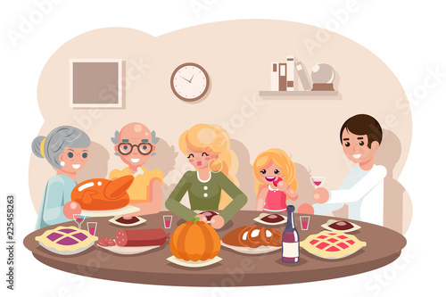 Family friends eat meal pie turkey pumpkin thanksgiving celebration flat design vector illustration